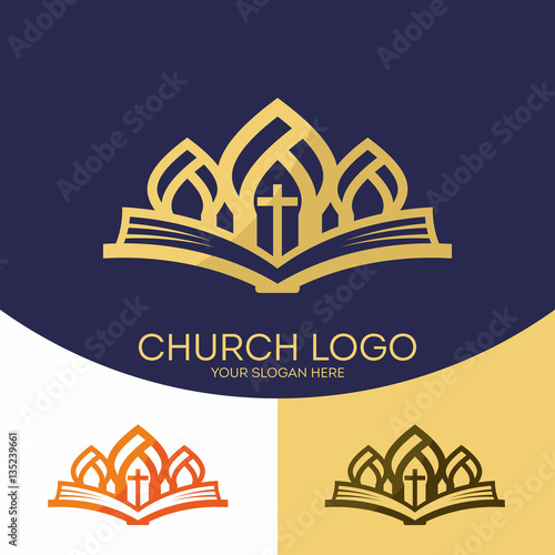 Church logo. Christian symbols. The cross of Jesus Christ and the Holy Scriptures.
