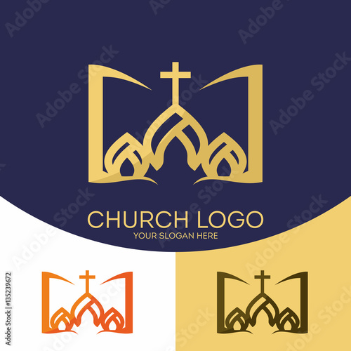 Church logo. Christian symbols. The cross of Jesus Christ and the Holy Scriptures.