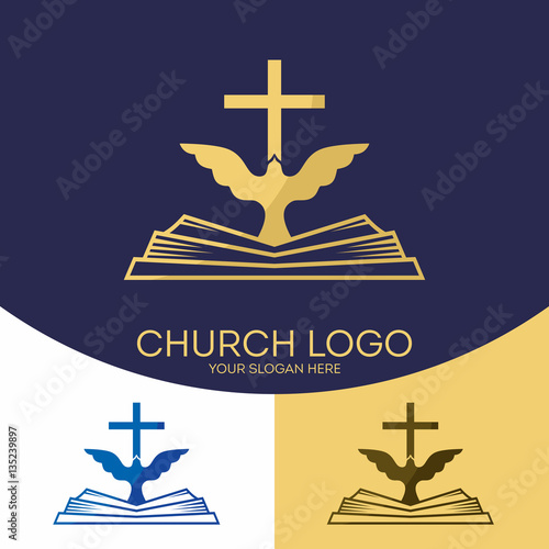 Church logo. Christian symbols. The cross of Jesus Christ, the Bible and the Holy Spirit, the dove.