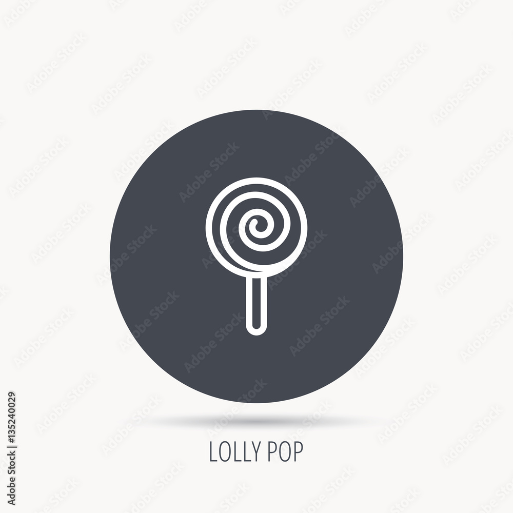 Lollipop icon. Lolly pop candy sign. Swirl sugar dessert symbol. Round web button with flat icon. Vector