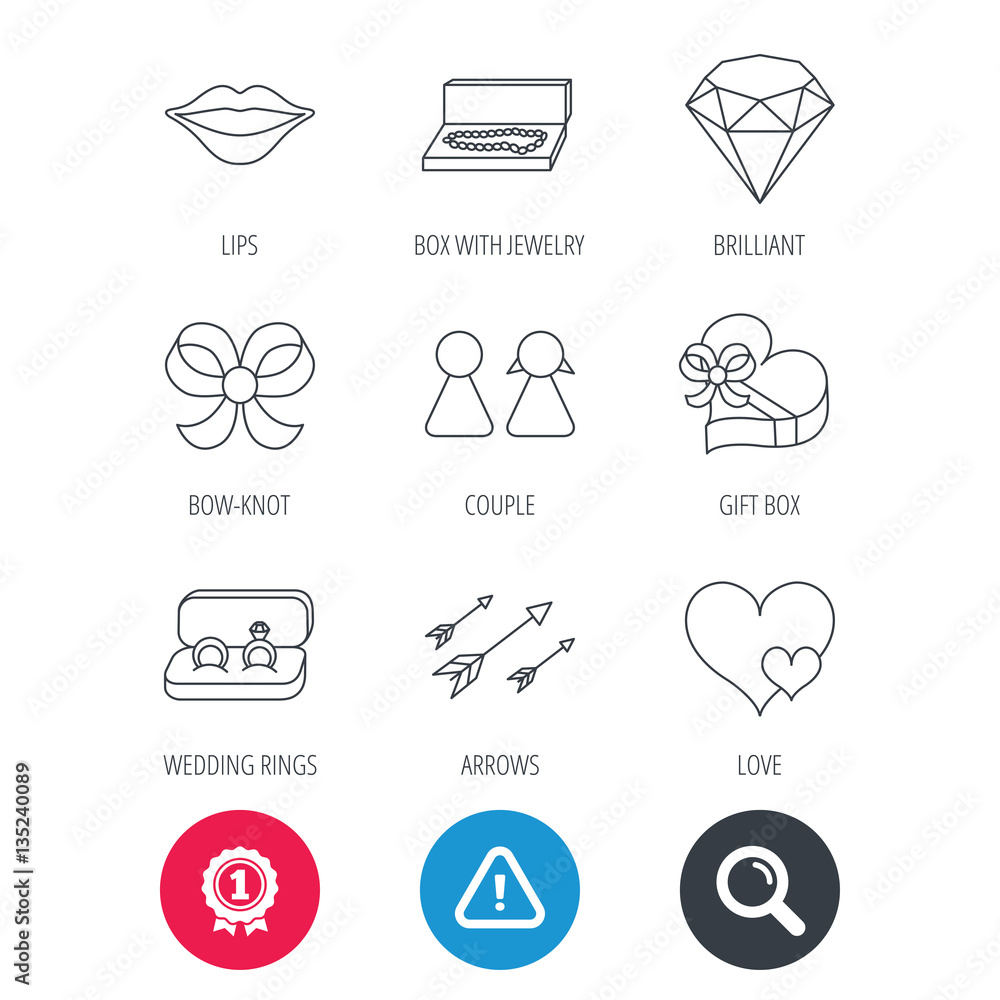 Fototapeta premium Achievement and search magnifier signs. Love heart, gift box and wedding rings icons. Kiss lips and couple linear signs. Valentine amour arrows, brilliant flat line icons. Hazard attention icon