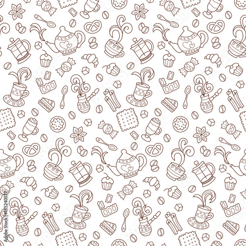 Coffee. Seamless pattern. Monocolor vector hand drawn doodle cartoon