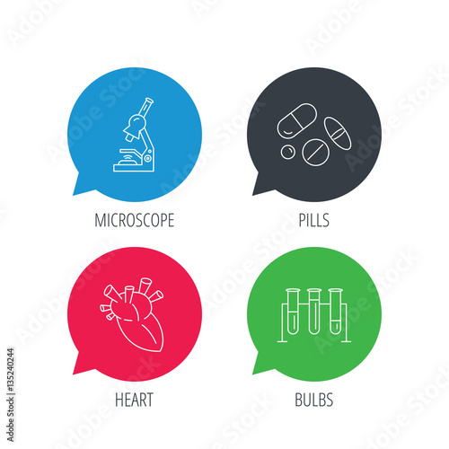 Colored speech bubbles. Microscope, medical pills and heart icons. Lab bulbs linear sign. Flat web buttons with linear icons. Vector