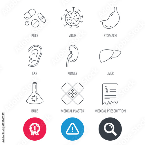Achievement and search magnifier signs. Pills, medical plaster and prescription icons. Virus, stomach and liver linear signs. Ear, kidney and lab bublb icons. Hazard attention icon. Vector