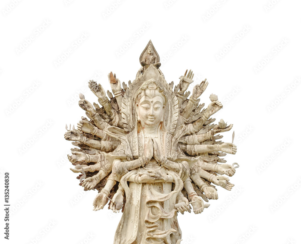 Guan Yin showing thousand hands isolated on white background, Guan Yin is famous Chinese God.