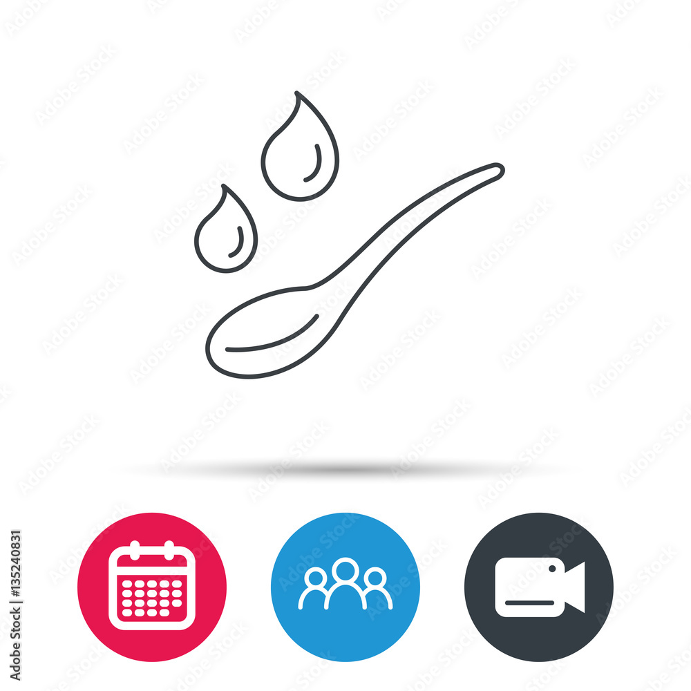 Obraz premium Spoon with water drops icon. Baby medicine dose sign. Child food symbol. Group of people, video cam and calendar icons. Vector