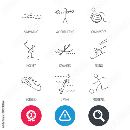 Achievement and search magnifier signs. Swimming, football and skiing icons. Ice hockey, diving and gymnastics linear signs. Kayaking, weightlifting and bobsleigh icons. Hazard attention icon. Vector