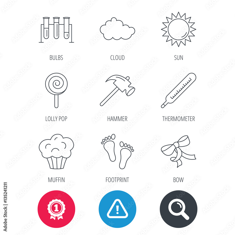 Achievement and search magnifier signs. Footprint, lab bulbs and thermometer icons. Muffin, bow and lolly pop linear signs. Cloud and sun flat line icons. Hazard attention icon. Vector Achievement and search magnifier signs. Footprint, lab bulbs and thermometer icons. Muffin, bow and lolly pop linear signs. Cloud and sun flat line icons. Hazard attention icon. Vector