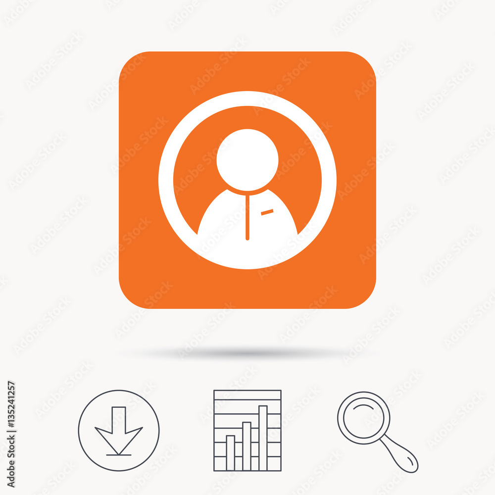 User icon. Human person symbol. Report chart, download and magnifier search signs. Orange square button with web icon. Vector User icon. Human person symbol. Report chart, download and magnifier search signs. Orange square button with web icon. Vector