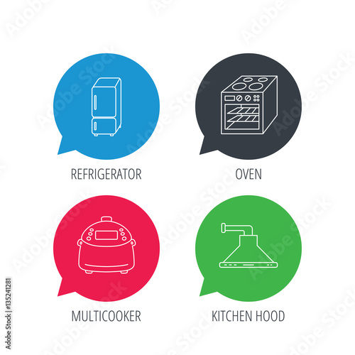 Colored speech bubbles. Refrigerator, multicooker and oven icons. Kitchen hood linear sign. Flat web buttons with linear icons. Vector
