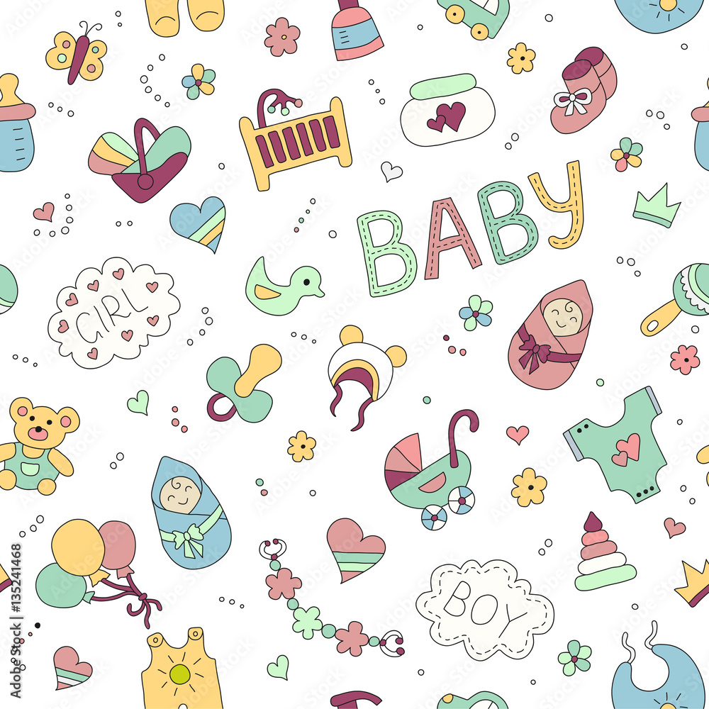 Colorful vector hand drawn Doodle cartoon set of objects and symbols on the baby theme