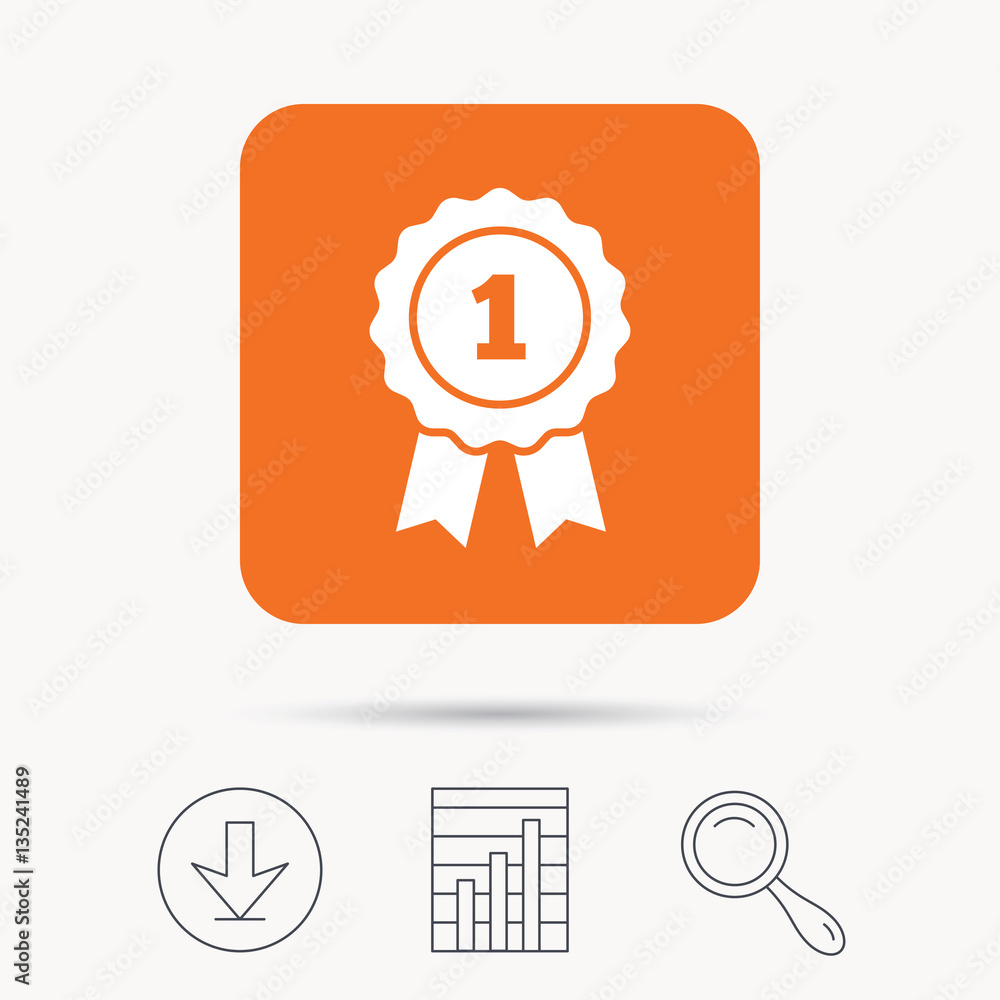 Winner medal icon. Award emblem symbol. Report chart, download and magnifier search signs. Orange square button with web icon. Vector Winner medal icon. Award emblem symbol. Report chart, download and magnifier search signs. Orange square button with web icon. Vector