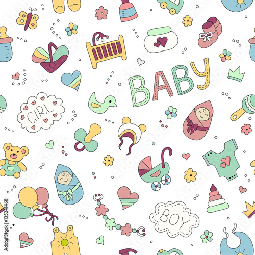 Colorful vector hand drawn Doodle cartoon set of objects and symbols on the baby theme
