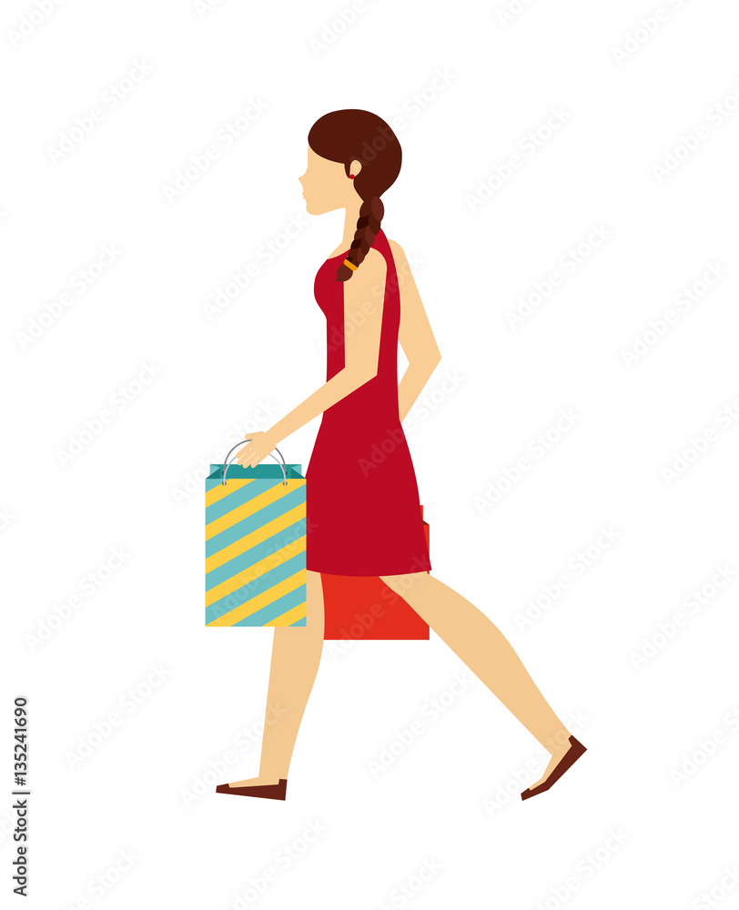 woman walking with shopping bags over white background. colorful design. vector illustration