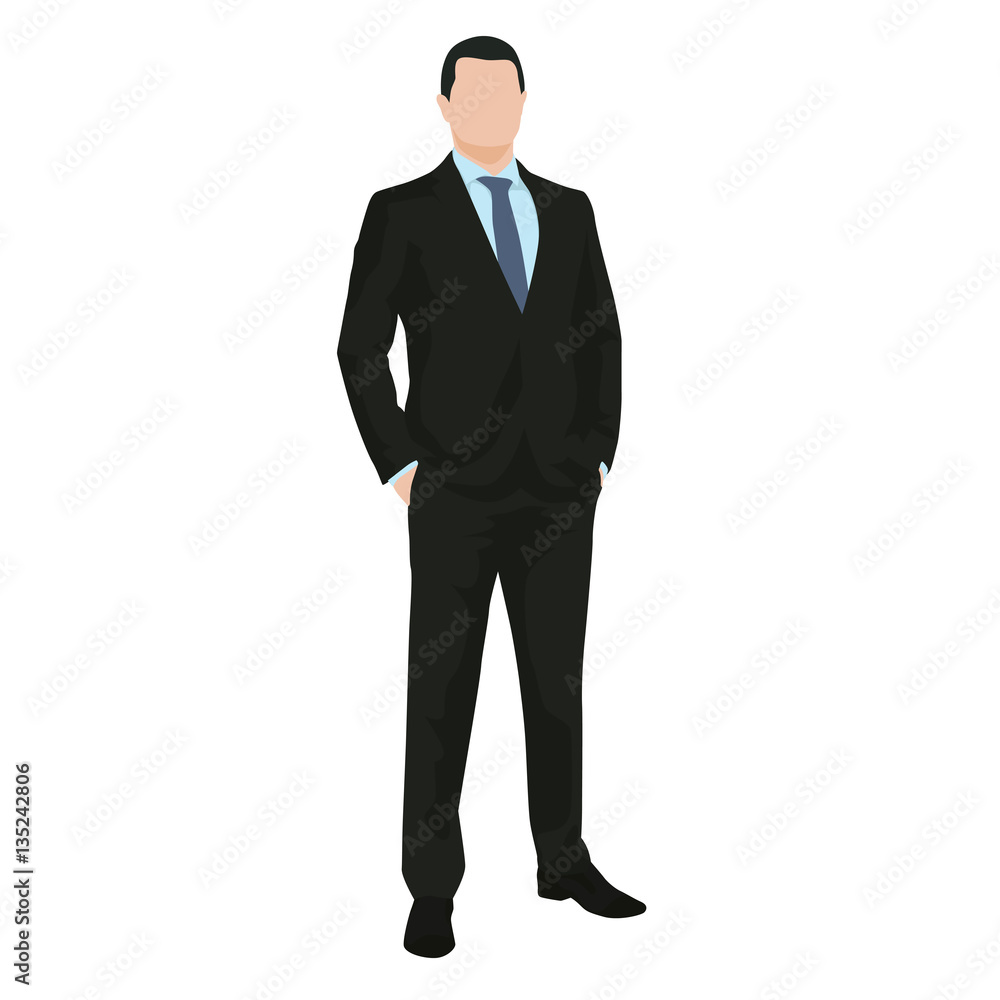 Business man standing in dark suit with hand in his pocket, isol