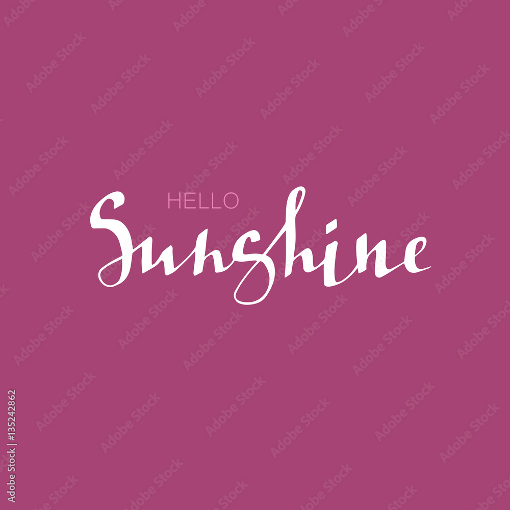 Hello sunshine postcard. Modern brush calligraphy isolated on pink background.