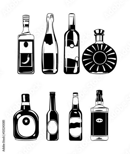 Vector set of bottles for alcohol. Illustration isolated on white