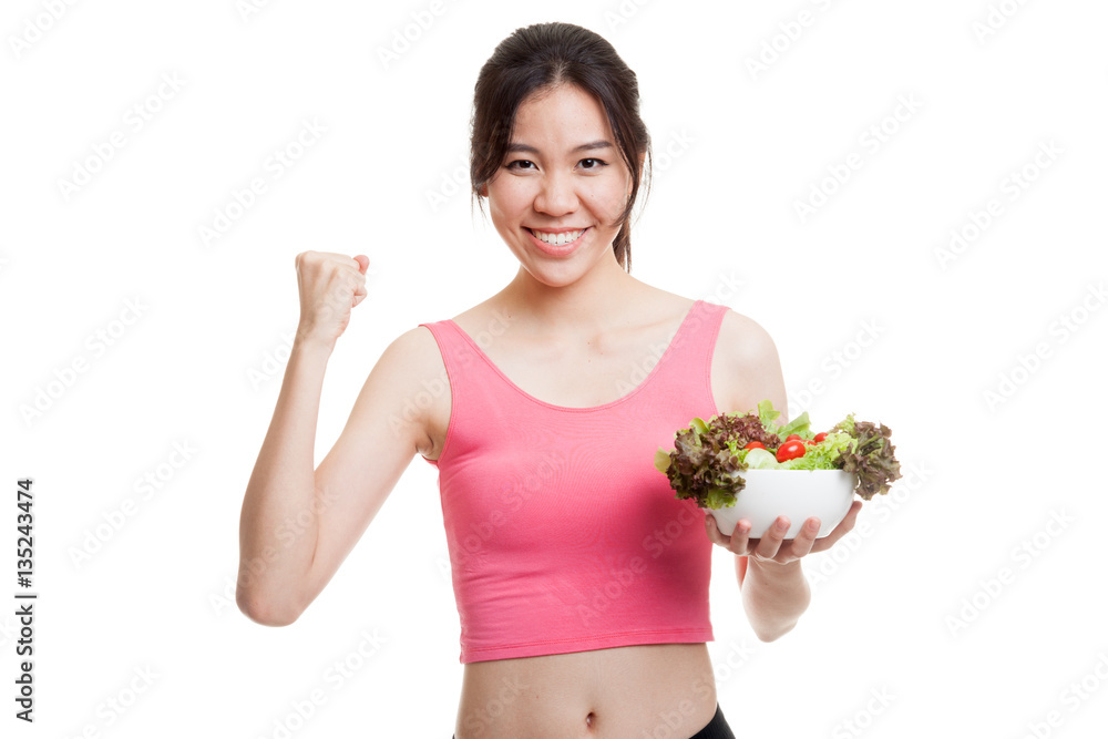 Beautiful Asian healthy girl fist up with salad. Beautiful Asian healthy girl fist up with salad.