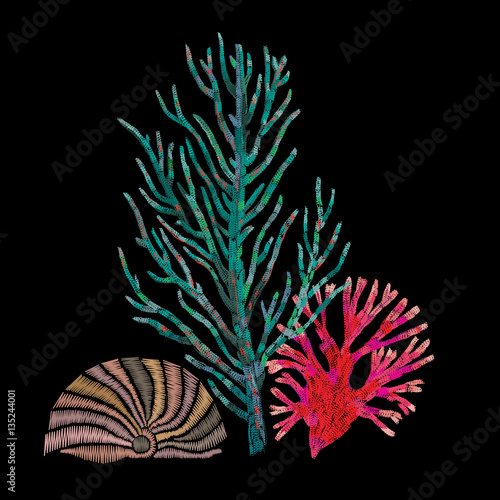 Corals embroidery. Shell embroidery. Vector vintage decorative element for embroidery, patches and sticker