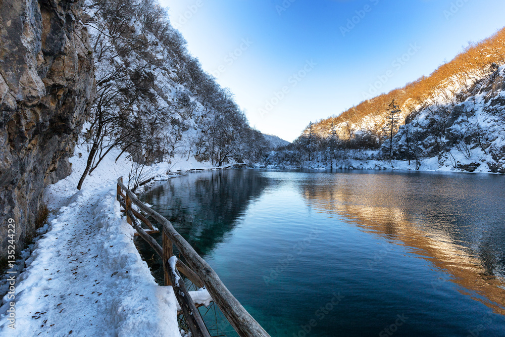 Plitvice lakes at winter with beautiful reflections