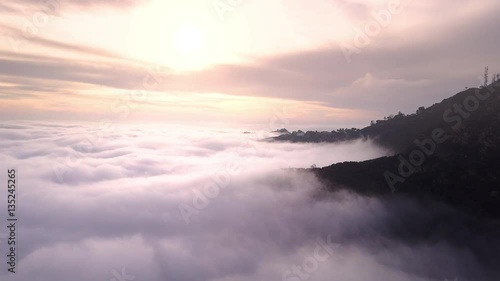 Fog Covers Malibu Mountains at Sunset Aerial Drift