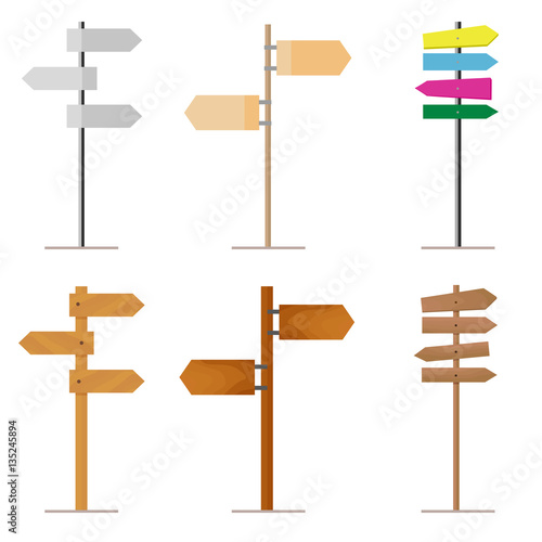 Set road signs made of wood or metal for your design project. Isolated on white background. Vector, illustration EPS10.