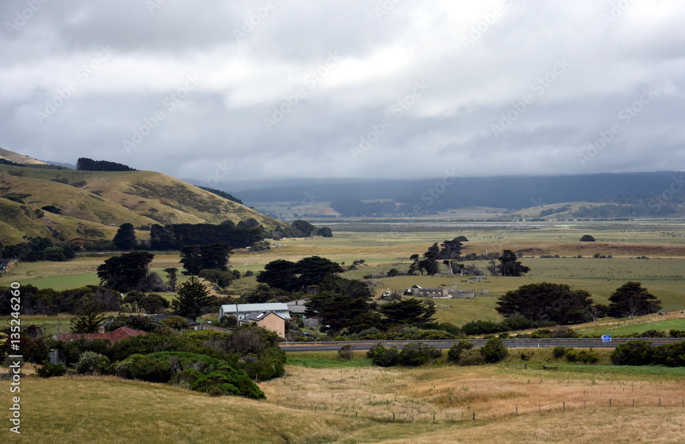 Fototapeta premium Broad panorama of the countryside in Victoria with green field in foreground. Grassy hills near Glenaire in Australia. Rural landscape near the forest in mountains. Hillside landscape.