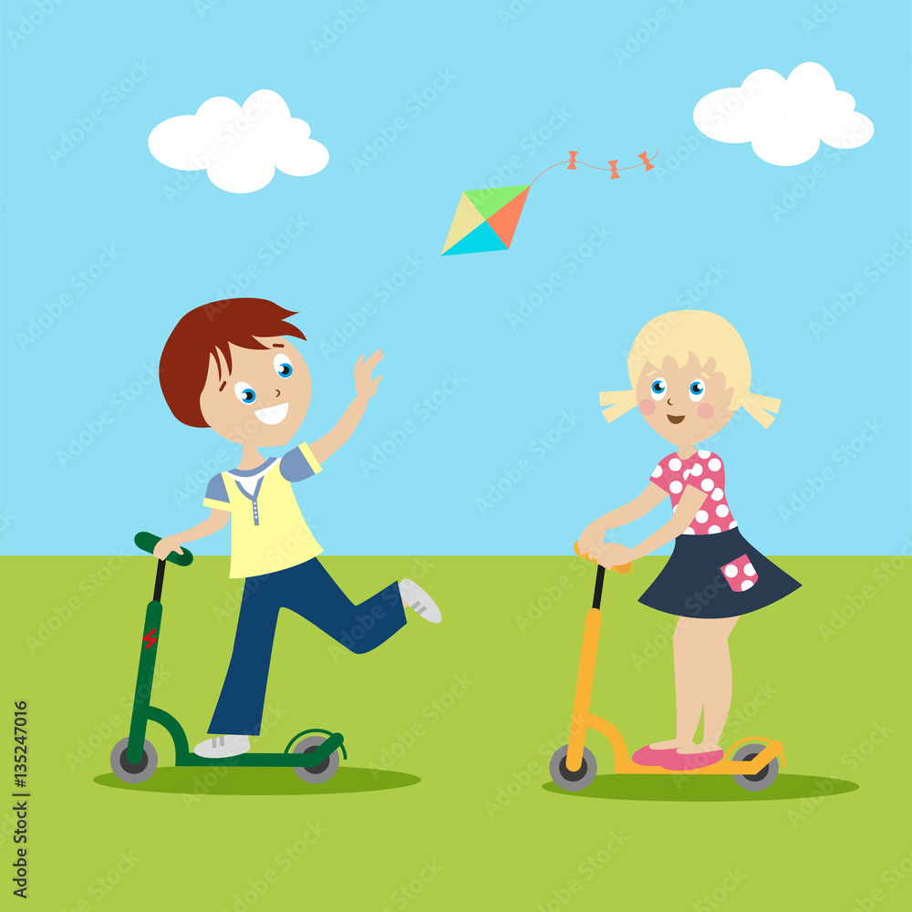 Girl and boy riding on scooters on the green lawn. Clouds and kite flying in the sky. Sunny day. Isolated on white background. Vector, illustration EPS10.