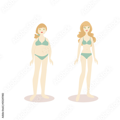 Thick and thin girl without clothes in his underwear. The process steps or weight loss. Cartoon female character isolated on white background. Vector, illustration EPS10.