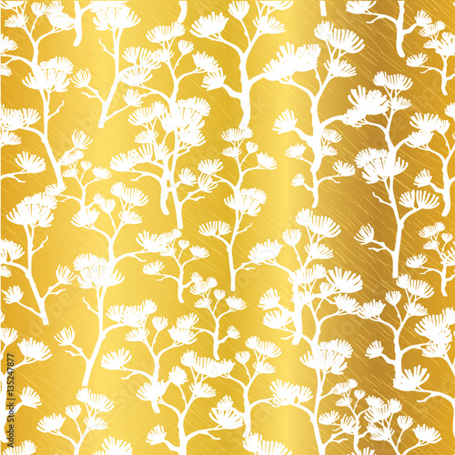 Vector Golden White Asian Trees Seamless Pattern Background. Great for tropical vacation fabric, cards, wedding invitations, wallpaper.