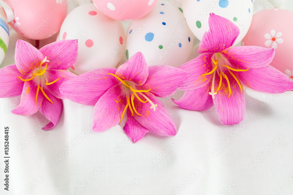 Fototapeta premium Easter eggs with purple flowers