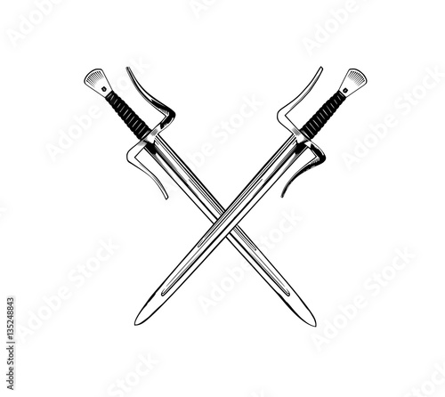 Vector illustration with two short medieval swords on black background, both for print and web