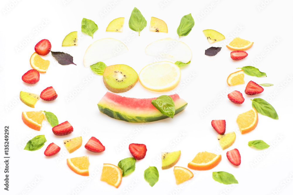 watermelon, strawberry, leaves, kiwi and orange isolated on white watermelon, strawberry, leaves, kiwi and orange isolated on white