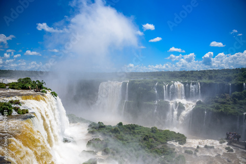 Aerial view of Iguazu Falls one of the worlds largest and most impressive waterfalls with bouncing mass of mist in Iguacu National Park, UNESCO World Heritage Site, Foz de Iguacu, Parana State, Brazil