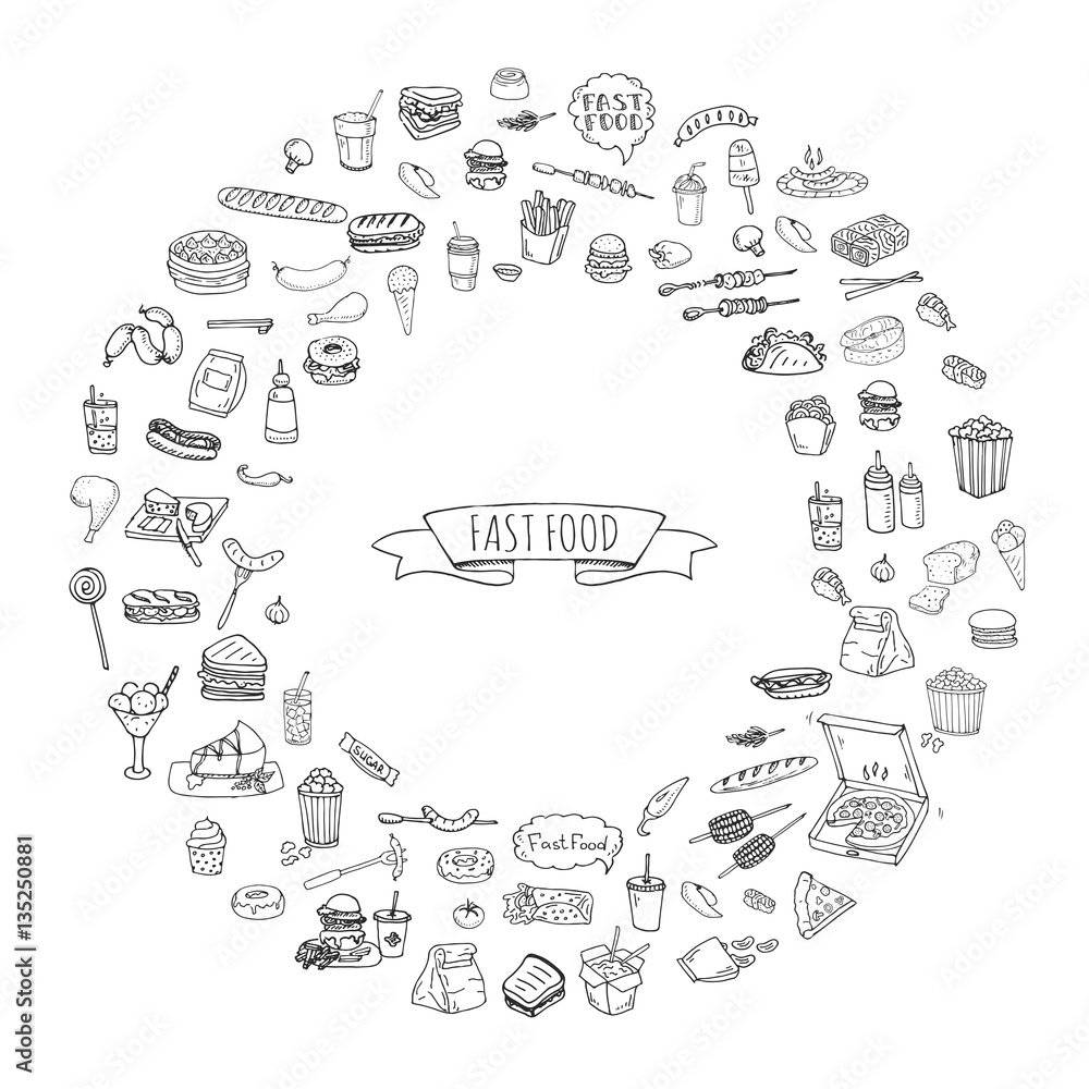 Hand drawn doodle Fast food icons set. Vector illustration. Junk food elements collection. Cartoon snack various sketch symbol: soda, burger, potato,hot dog, pizza, tacos, sweet desert, donut, popcorn