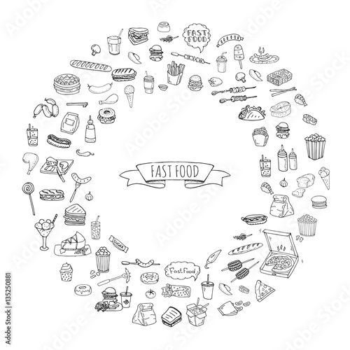 Hand drawn doodle Fast food icons set. Vector illustration. Junk food elements collection. Cartoon snack various sketch symbol: soda, burger, potato,hot dog, pizza, tacos, sweet desert, donut, popcorn