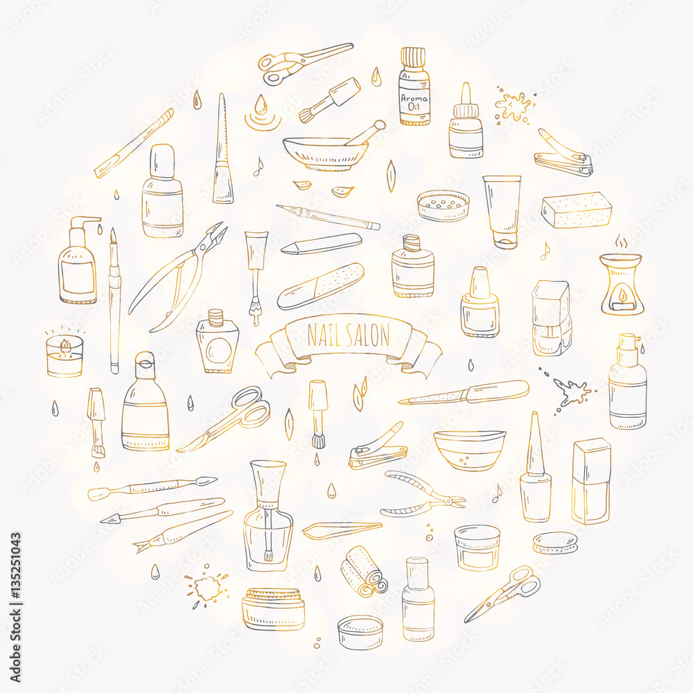 Hand drawn doodle Nail salon icons set. Vector illustration. Manicure accessories collection. Cartoon various sketch pedicure tools elements: polish, bottle, brush, varnish, scissors, lotion, cream Hand drawn doodle Nail salon icons set. Vector illustration. Manicure accessories collection. Cartoon various sketch pedicure tools elements: polish, bottle, brush, varnish, scissors, lotion, cream