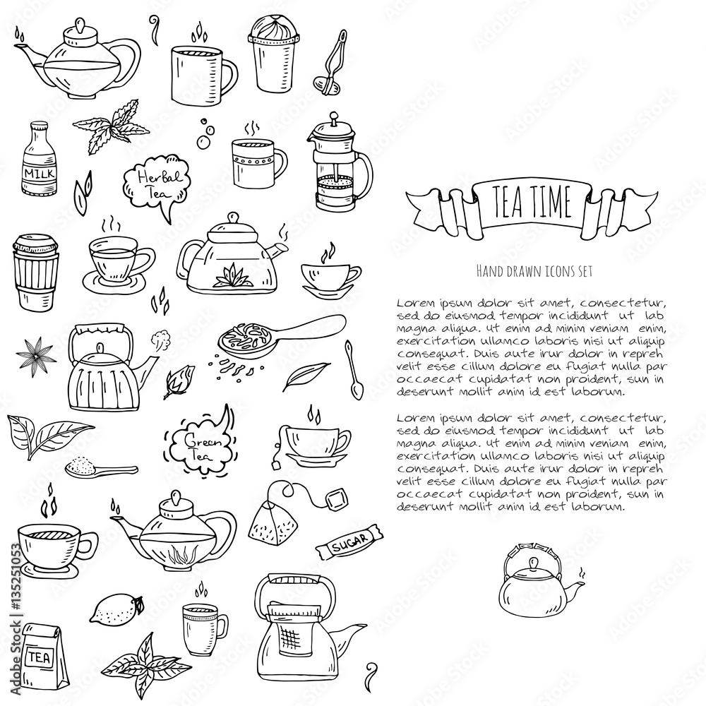 Hand drawn doodle Tea time icon set. Vector illustration. Isolated drink symbols collection. Cartoon various beverage element: mug, cup, teapot, leaf, bag, spice, plate, mint, herbal, sugar, lemon. Hand drawn doodle Tea time icon set. Vector illustration. Isolated drink symbols collection. Cartoon various beverage element: mug, cup, teapot, leaf, bag, spice, plate, mint, herbal, sugar, lemon.