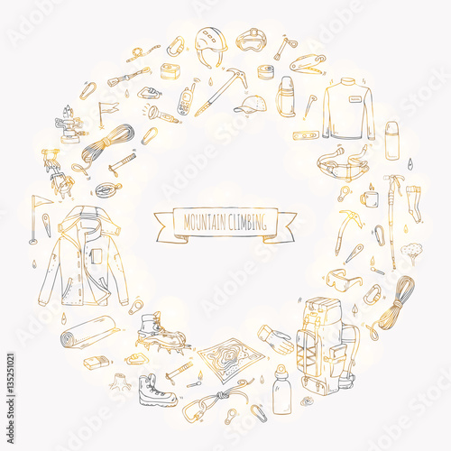 Hand drawn doodle Mountain Climbing icons set. Vector illustration. Mountaineering equipment collection. Cartoon sketch elements for trekking, hiking, tourism, expedition, camping, outdoor recreation.