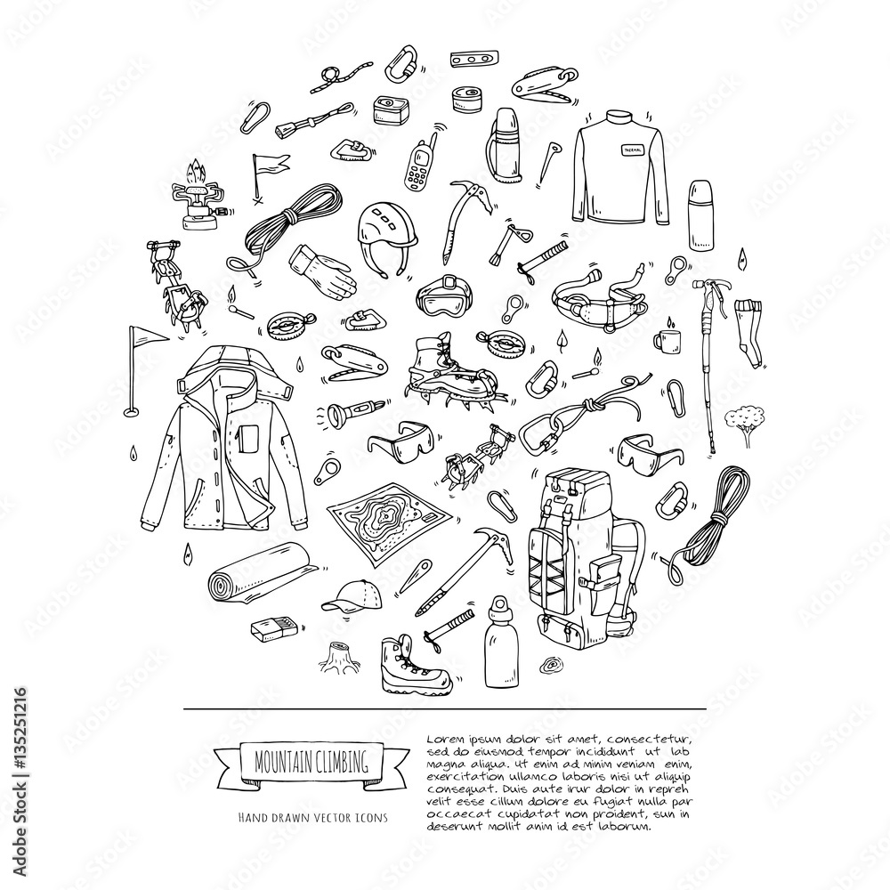 Hand drawn doodle Mountain Climbing icons set. Vector illustration. Mountaineering equipment collection. Cartoon sketch elements for trekking, hiking, tourism, expedition, camping, outdoor recreation. Hand drawn doodle Mountain Climbing icons set. Vector illustration. Mountaineering equipment collection. Cartoon sketch elements for trekking, hiking, tourism, expedition, camping, outdoor recreation.