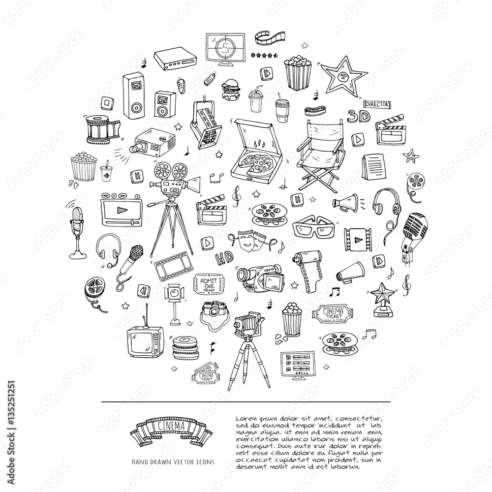 Naklejka premium Hand drawn doodle Cinema set. Vector illustration. Movie making icons. Film symbols collection. Cinematography freehand elements: camera, film tape, photo camera, pizza, popcorn, projector, microphone
