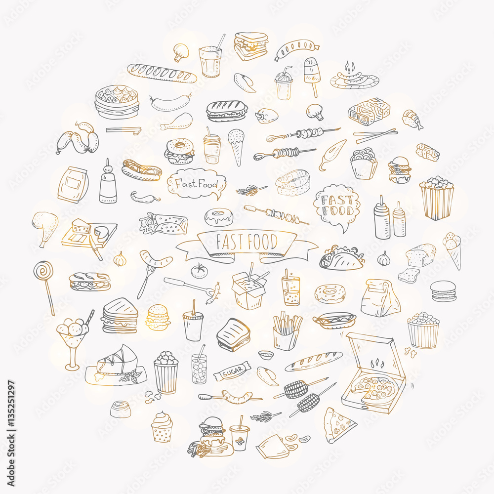 Hand drawn doodle Fast food icons set. Vector illustration. Junk food elements collection. Cartoon snack various sketch symbol: soda, burger, potato,hot dog, pizza, tacos, sweet desert, donut, popcorn Hand drawn doodle Fast food icons set. Vector illustration. Junk food elements collection. Cartoon snack various sketch symbol: soda, burger, potato,hot dog, pizza, tacos, sweet desert, donut, popcorn