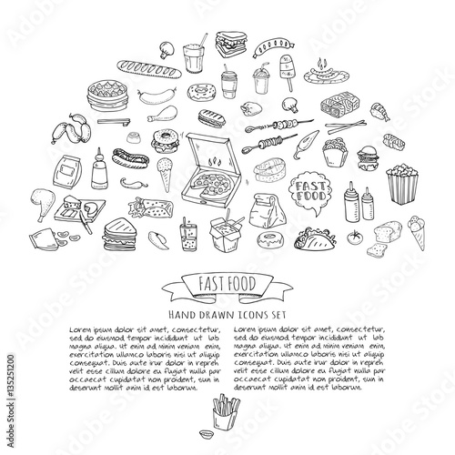 Hand drawn doodle Fast food icons set. Vector illustration. Junk food elements collection. Cartoon snack various sketch symbol  soda  burger  potato hot dog  pizza  tacos  sweet desert  donut  popcorn