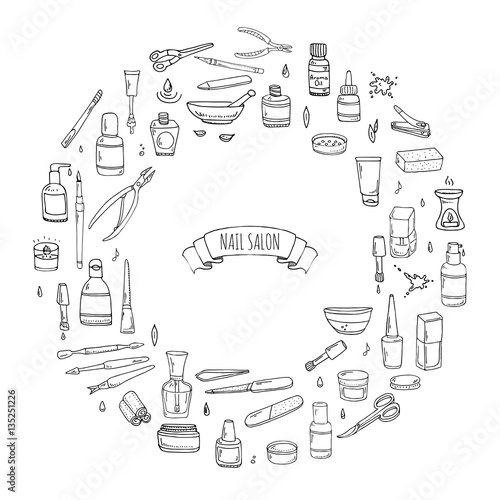 Hand drawn doodle Nail salon icons set. Vector illustration. Manicure accessories collection. Cartoon various sketch pedicure tools elements: polish, bottle, brush, varnish, scissors, lotion, cream