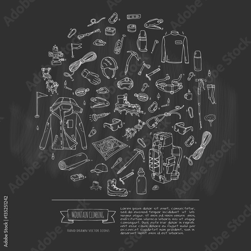 Hand drawn doodle Mountain Climbing icons set. Vector illustration. Mountaineering equipment collection. Cartoon sketch elements for trekking, hiking, tourism, expedition, camping, outdoor recreation.