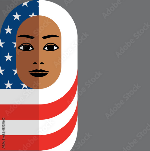 illustration of Muslim woman wearing Hijab of the American flag, in symbolic support of all immigrants in the united states.
