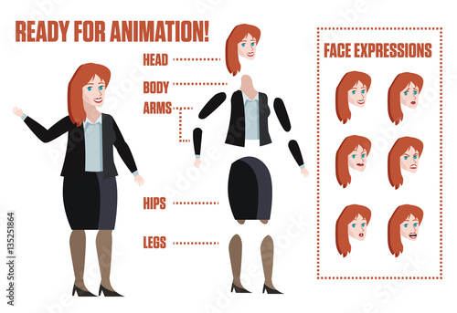 woman character separated articulated body puppet parts ready for animation and face gestures expressions