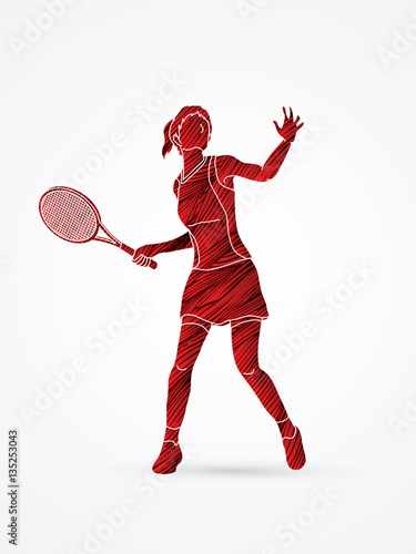Woman tennis player action designed using red grunge brush graphic vector.