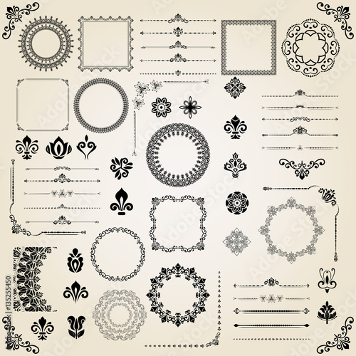 Vintage set of classic elements. Different vector elements for decoration and design frames, cards, menus, backgrounds and monograms. Classic patterns. Set of vintage patterns