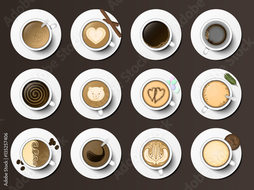 Coffee cups assortment top view collection vector illustration.